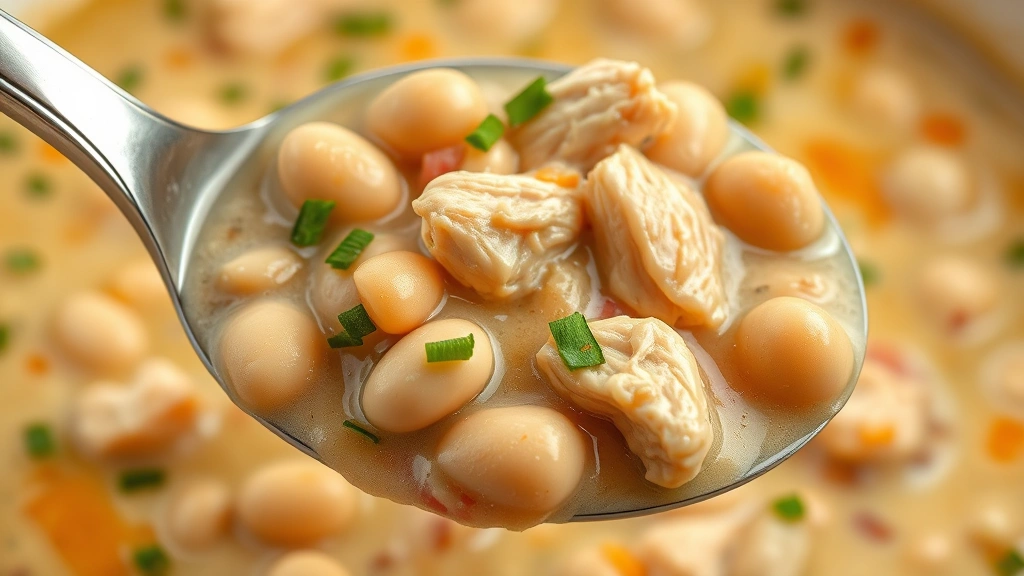 detail: close-up spoonful of white chicken chili with beans, chicken, and creamy broth, photorealistic, soft natural light, no text
