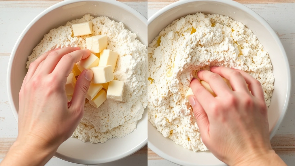 process: hands mixing cold butter cubes into flour mixture in white ceramic bowl, overhead shot, natural daylight, crumbly texture visible, no text