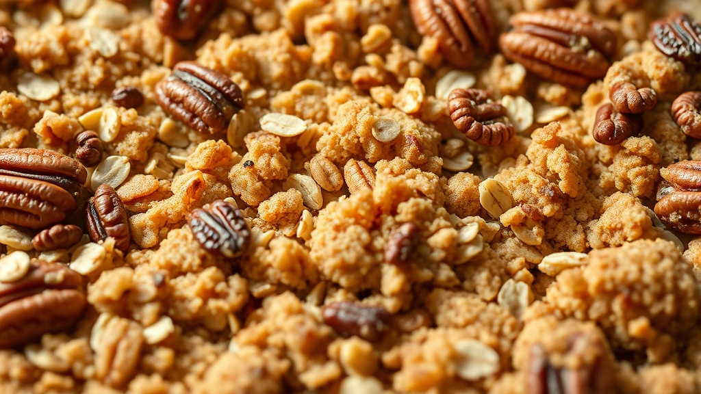 detail: close-up of finished golden-brown crumb topping texture with pecans and oats, macro photography, warm natural light, no text