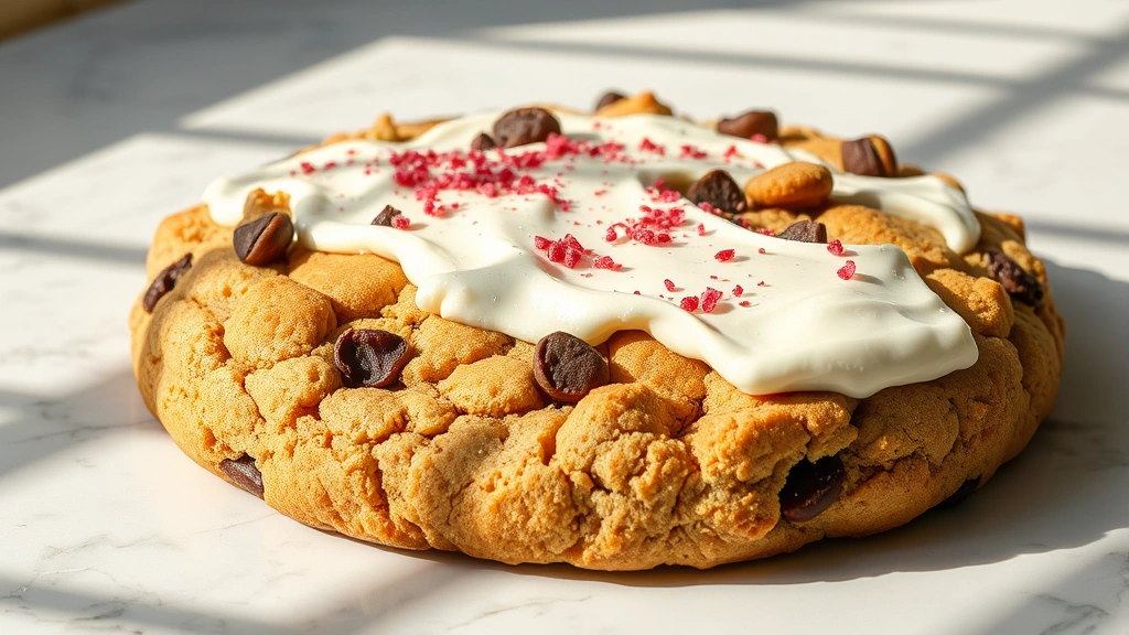hero: oversized crumbl cookie copycat with thick frosting and decorative toppings, photorealistic, natural sunlight streaming across, no text, on white marble surface