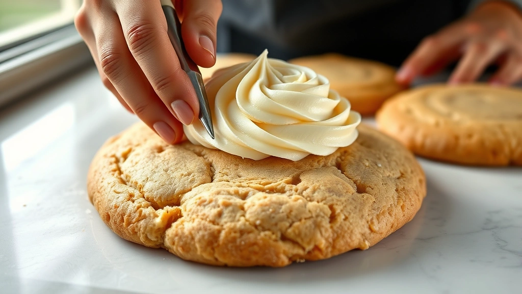 process: hands frosting a large warm cookie with thick buttercream frosting, photorealistic, natural window light, no text, close action shot