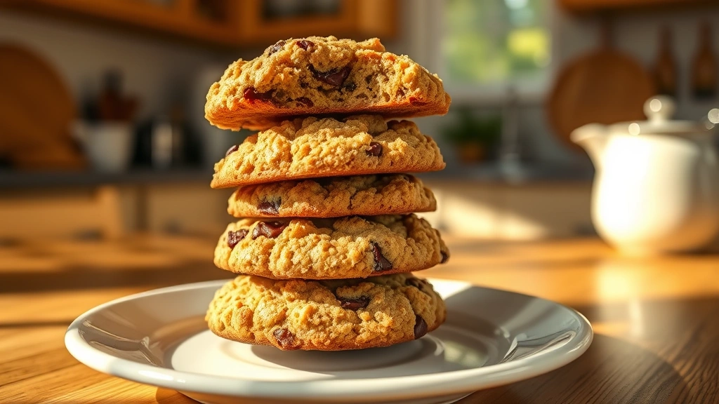 hero: stack of four warm Crumbl cookies showing golden-brown edges and soft centers, melted chocolate chips visible, stacked on white ceramic plate, golden afternoon sunlight streaming across table, cozy kitchen background slightly blurred, photorealistic, natural light, no text