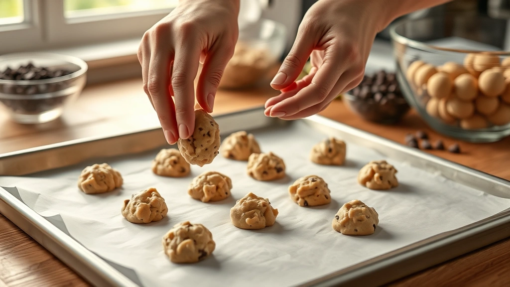 process: hands spooning cookie dough onto parchment-lined baking sheet, raw dough balls visible, mixing bowl in background with chocolate chips, wooden table surface, warm natural window light illuminating workspace, photorealistic, natural light, no text