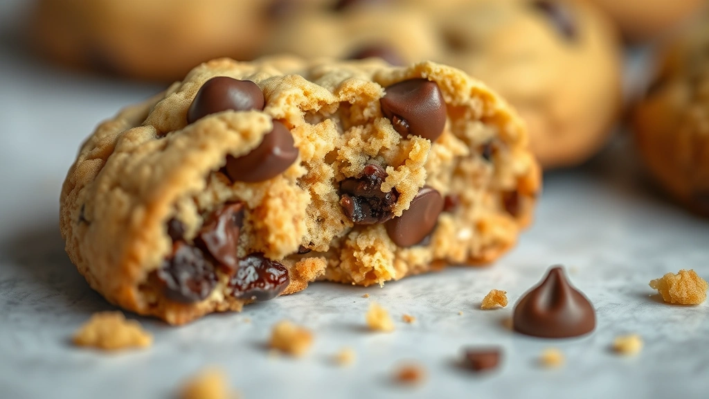 detail: close-up macro shot of single Crumbl cookie showing chocolate chip detail and cookie texture, broken in half revealing soft chewy interior, crumbs scattered nearby, shallow depth of field, photorealistic, natural light, no text