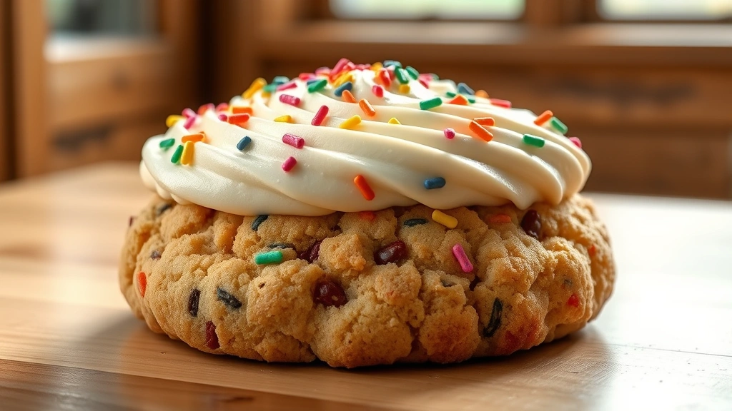 hero: oversized Crumbl cookie with thick buttercream frosting and colorful sprinkles on top, photorealistic, soft natural window light, wooden surface background, no text