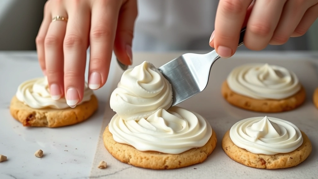 process: hands spreading fluffy buttercream frosting on warm cookie using offset spatula, photorealistic, natural light, no text