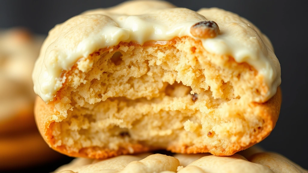 detail: close-up cross-section of cookie showing soft cake-like center with golden-brown edge and creamy frosting layer, photorealistic, natural light, no text