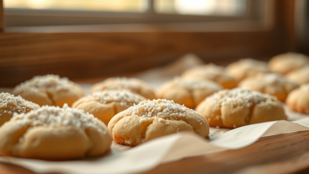 hero: golden-baked soft sugar cookies with coarse sugar topping on parchment paper, warm natural window light, shallow depth of field, bakery style presentation