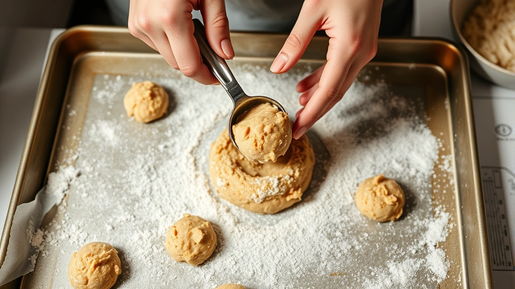 process: hands scooping cookie dough onto baking sheet with cookie scoop, flour dusting, bright kitchen lighting, overhead angle, mid-action shot