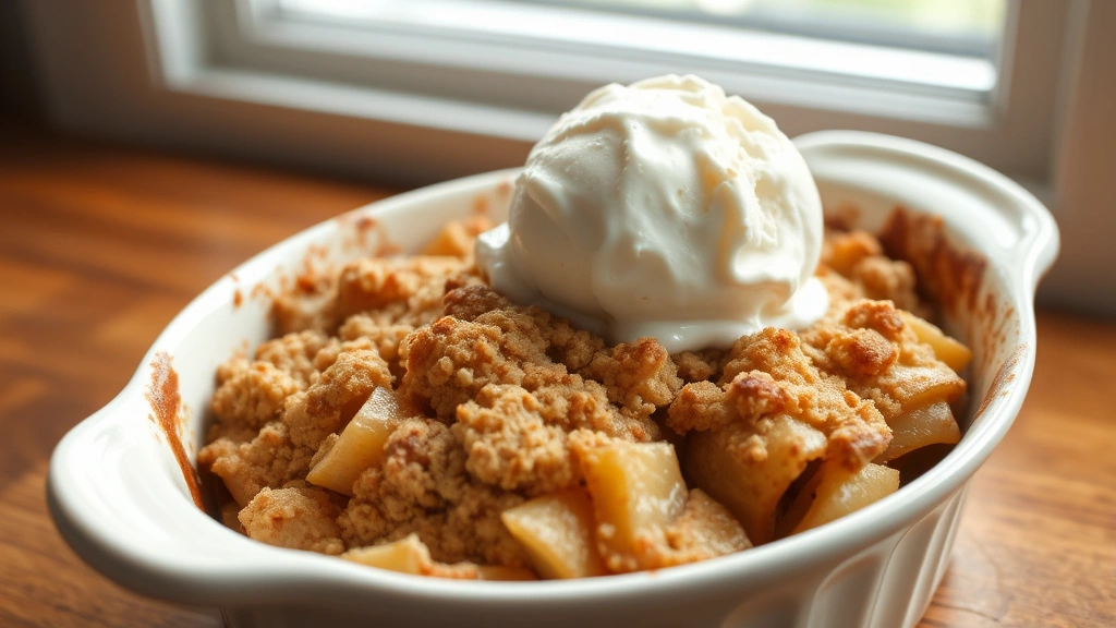 hero: warm apple crumble dessert in white baking dish with vanilla ice cream melting on top, golden-brown crispy topping visible, natural window light, wood table background