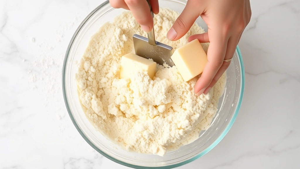 process: hands mixing cold butter into flour mixture with pastry cutter, showing texture resembling breadcrumbs, overhead shot, bright natural light, white marble surface