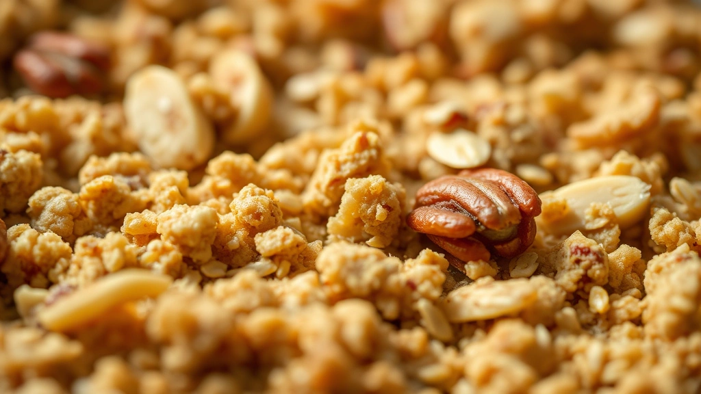 detail: close-up macro shot of golden-brown crumble topping texture showing butter, oats, and nuts, crispy clusters visible, shallow depth of field, warm natural light