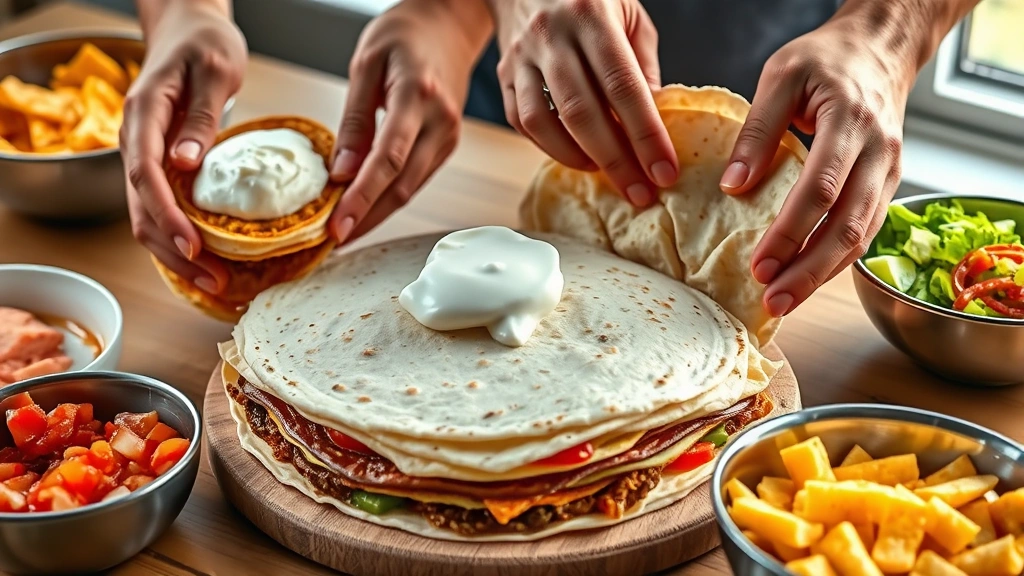 process: hands assembling wrapped Crunchwrap Supreme with layers visible, sour cream and tostada pieces mid-placement, flour tortilla being folded, ingredients bowls surrounding, photorealistic, natural window light, no text