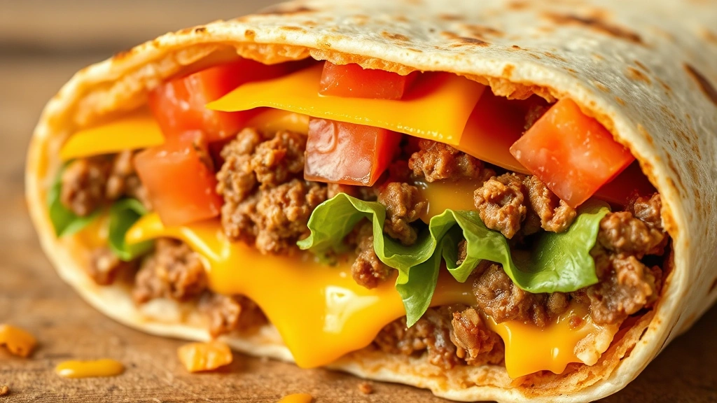detail: close-up cross-section of Crunchwrap Supreme showing all layers—crispy tortilla exterior, melted American cheese, seasoned ground beef, fresh lettuce, diced tomatoes, tostada shell crunch, nacho cheese sauce, photorealistic macro photography, natural warm lighting, no text