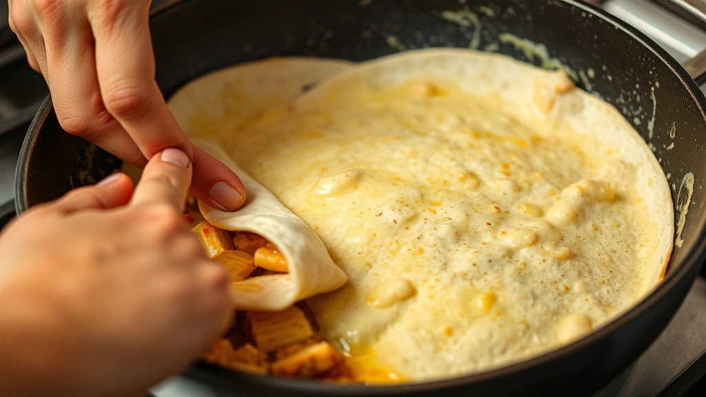 process: hand folding tortilla edges over filling ingredients in skillet, melted cheese visible, photorealistic, natural kitchen lighting, close cooking action shot, no text