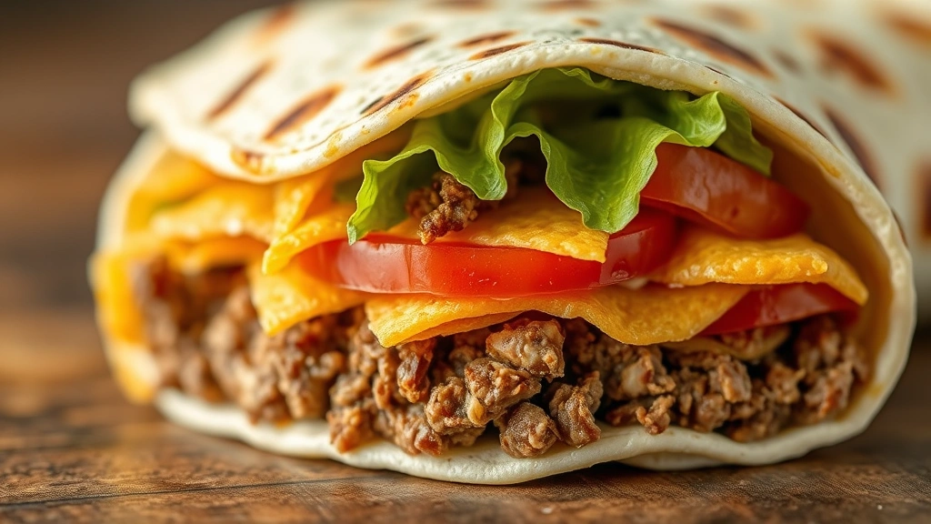 detail: cross-section of crunchwrap showing all layers - crispy tortilla exterior, nacho cheese, ground beef, tostada chips, lettuce, tomato, sour cream, photorealistic macro, natural light, no text, focus on layer separation and texture
