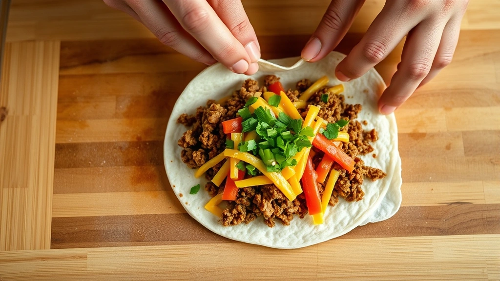 process: hands carefully folding a flour tortilla filled with ground beef, cheese sauce, and toppings into a square parcel on a wooden cutting board, photorealistic, natural kitchen lighting, no text or watermarks