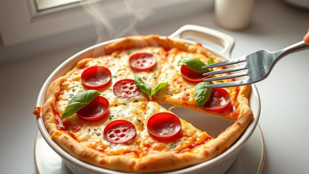 hero: golden crustless pizza in ceramic baking dish, melted mozzarella on top, pepperoni and fresh basil garnish, steam rising, natural window light, fork ready to slice, white kitchen background, appetizing and homemade
