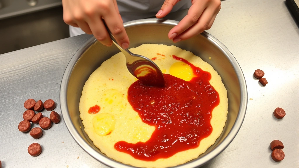 process: hands spreading pizza sauce over partially baked egg base in round baking pan, Italian sausage pieces scattered nearby, professional kitchen lighting, stainless steel utensils, action shot mid-preparation