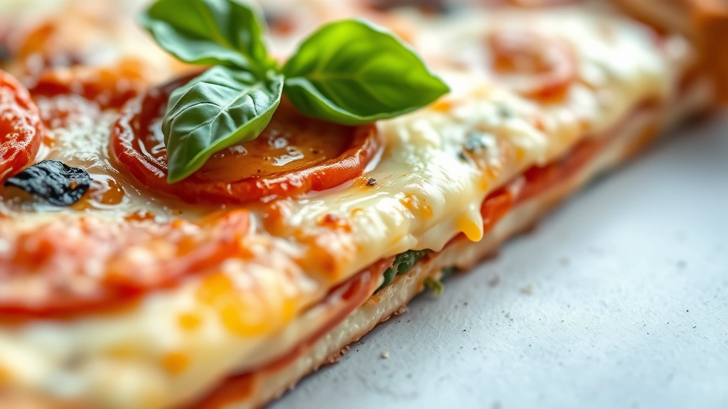 detail: close-up of baked crustless pizza slice showing layers of cheese, egg custard base, pepperoni, and vegetables, melted and bubbly, fresh basil leaf on top, shallow depth of field, golden brown edges, macro photography