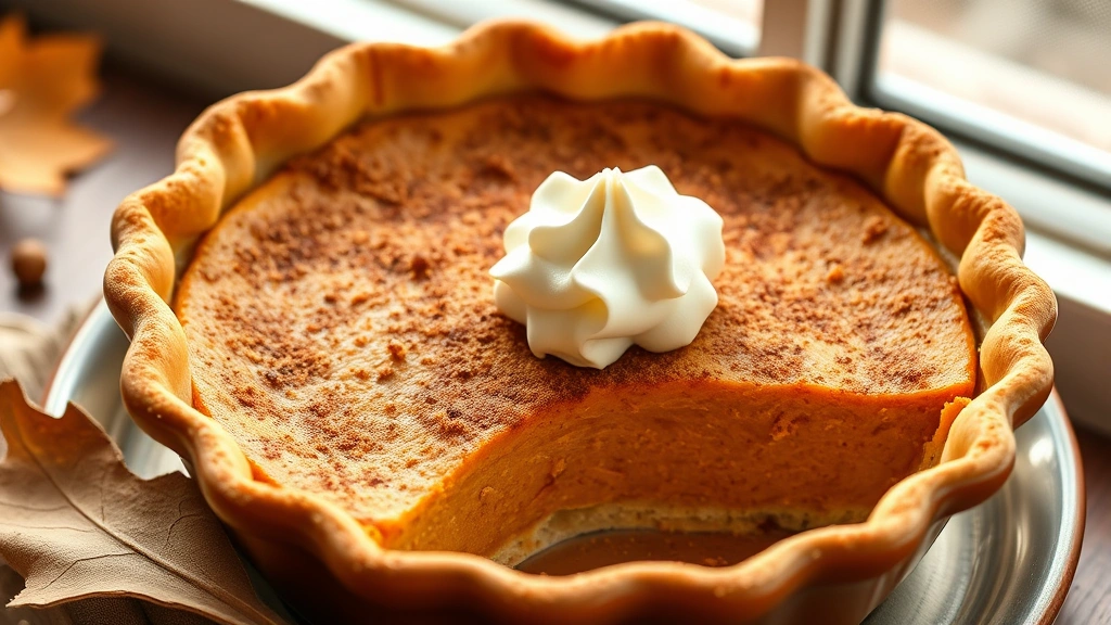 hero: golden crustless pumpkin pie with cinnamon sugar topping in a ceramic pie dish, topped with whipped cream dollop, warm autumn lighting, close-up slice visible, photorealistic, natural window light, no text