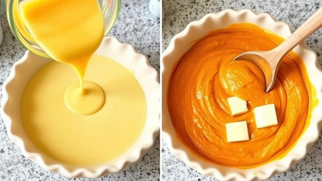 process: pouring smooth pumpkin egg mixture into buttered pie dish, melted butter being folded into orange pumpkin batter, wooden spoon stirring, photorealistic, bright kitchen counter lighting, no text
