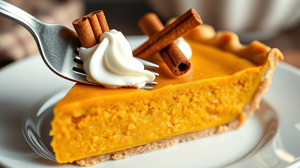 detail: close-up of finished crustless pumpkin pie slice with whipped cream and cinnamon stick garnish, fork cutting into custardy filling, warm golden color, photorealistic, natural soft lighting, no text