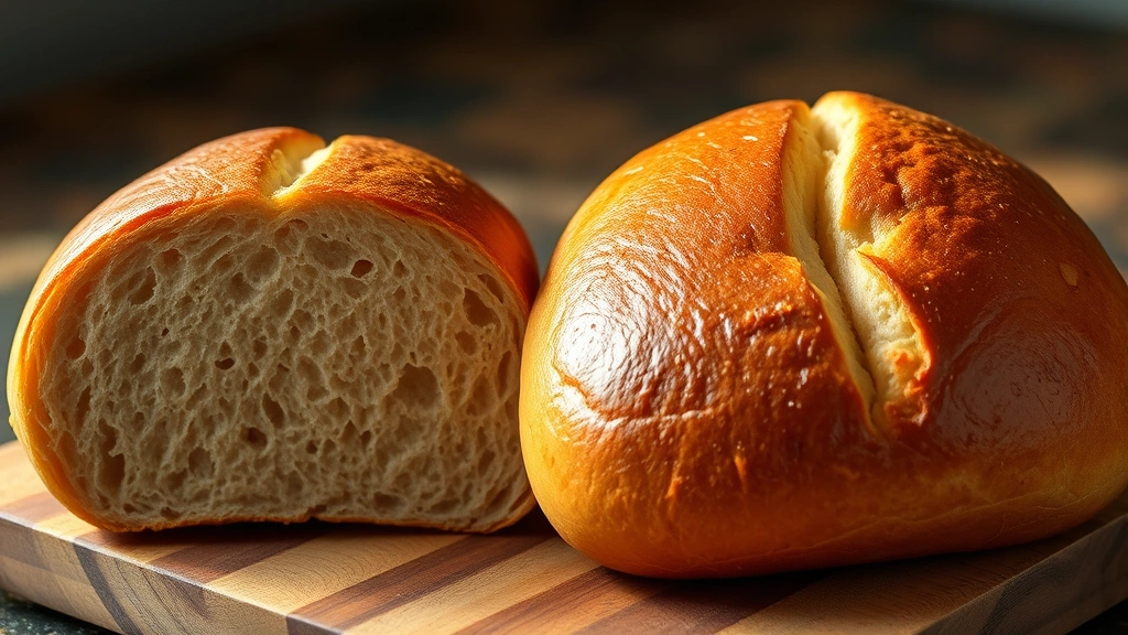 hero: two golden brown Cuban bread loaves with distinctive center scoring, crispy exterior, natural steam rising, shot on rustic wooden cutting board with morning light, no text or watermarks