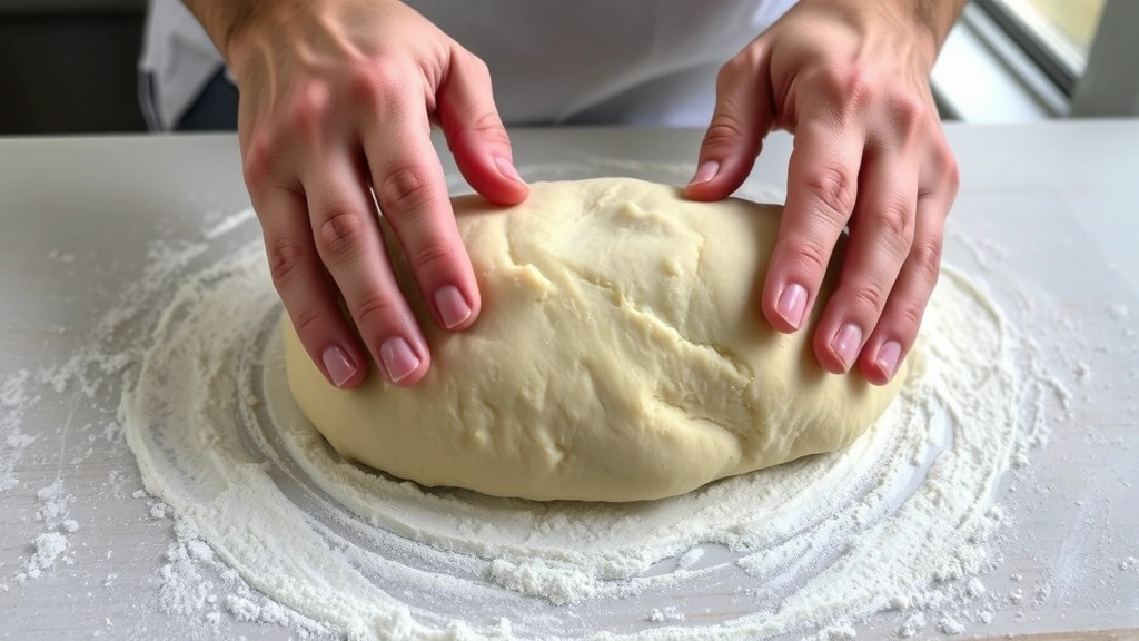 process: hands shaping Cuban bread dough into oval loaf on floured surface, detailed finger work showing proper technique, soft dough texture visible, natural window lighting, no text