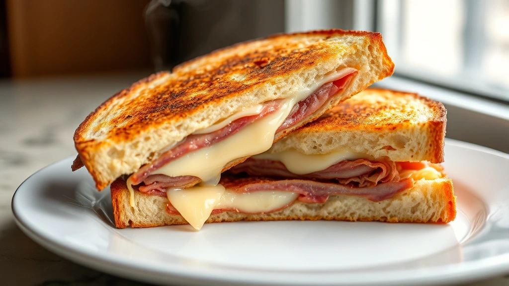 hero: golden-brown pressed Cuban sandwich cut diagonally on white plate, melted Swiss cheese visible, steam rising, natural window light, 50mm lens, shallow depth of field, no text or watermarks