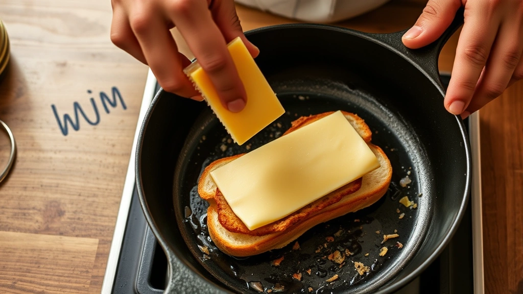 process: hands placing Swiss cheese on Cuban sandwich before pressing in cast iron skillet, warm overhead lighting, action shot, sharp focus on cheese and ingredients, no text