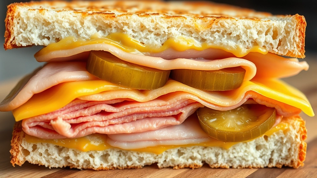 detail: close-up cross-section of Cuban sandwich showing layers of roasted pork, ham, melted cheese, pickles and mustard, natural daylight, macro photography, no text or logos