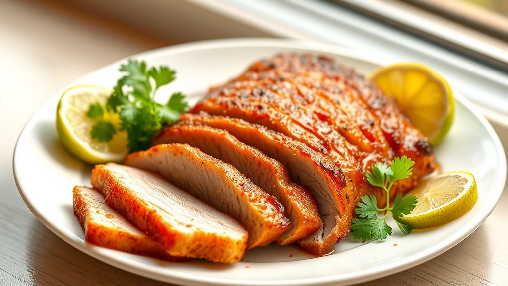 hero: golden-brown Cuban roast pork with caramelized crust, sliced and served on white plate with lime wedges and fresh cilantro garnish, photorealistic, natural window light, no text