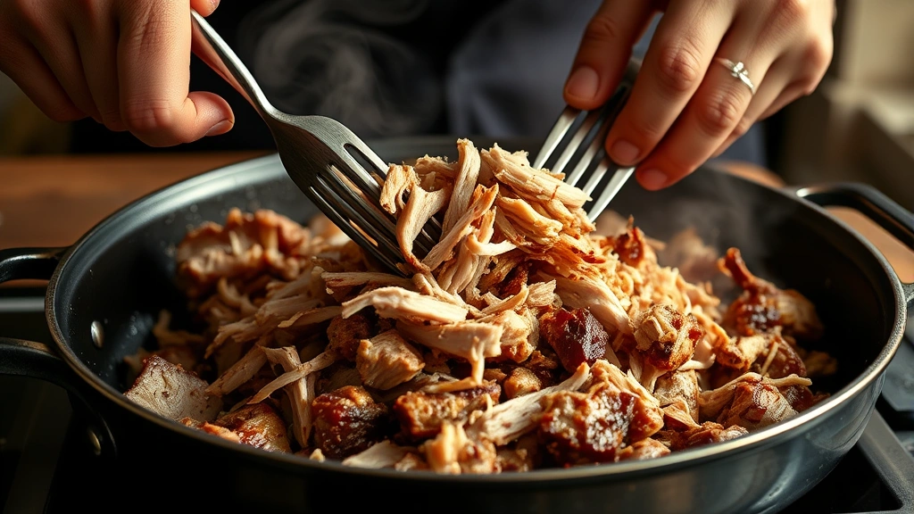 process: hands shredding tender Cuban pork with two forks over roasting pan, steam rising, photorealistic, natural light, no text