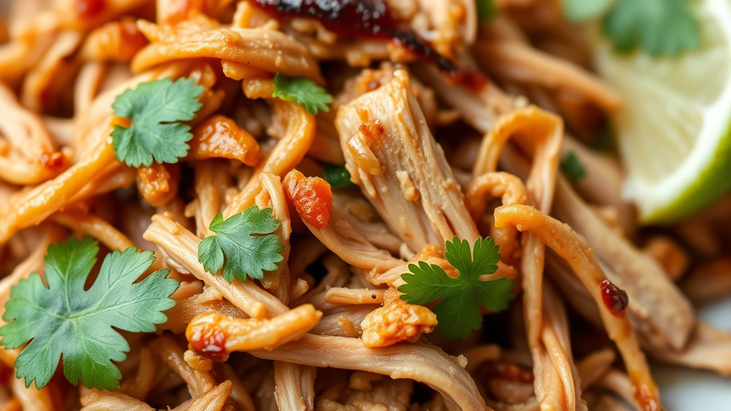 detail: close-up of juicy shredded Cuban pork showing tender texture and caramelized edges, with fresh cilantro and lime, photorealistic, natural light, no text