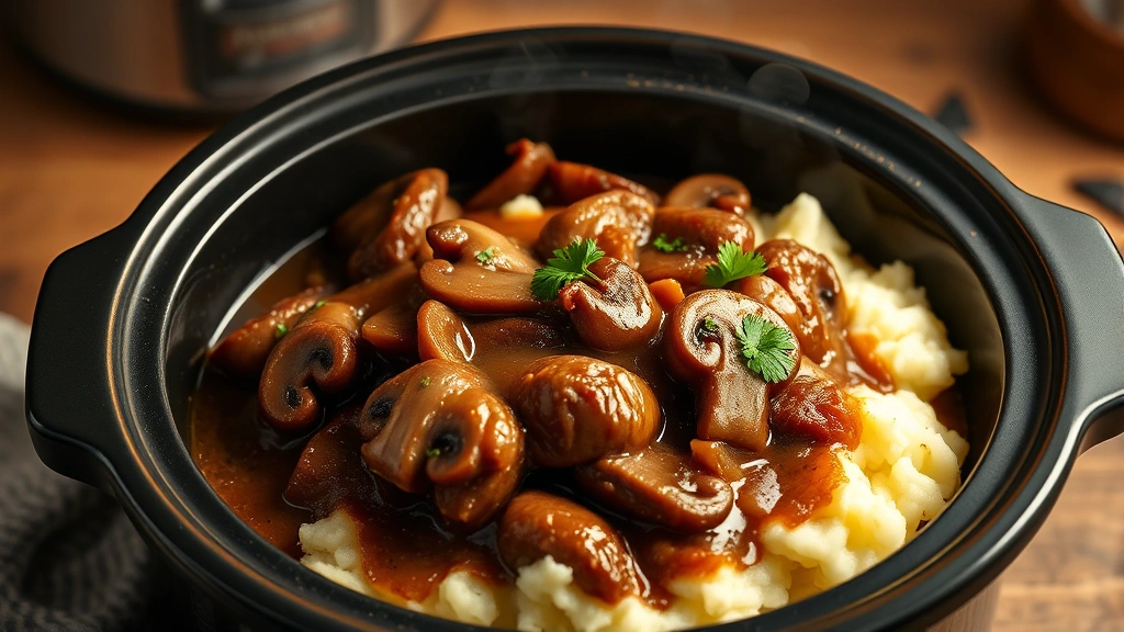 hero: crock pot cube steak with mushrooms and onions in rich brown gravy, served over creamy mashed potatoes, photorealistic, natural warm kitchen lighting, steam rising, garnished with fresh parsley, no text