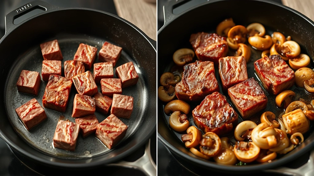 process: cube steaks being seared in cast iron skillet until golden brown, mushrooms and onions sautéing beside, photorealistic, natural bright lighting, no text