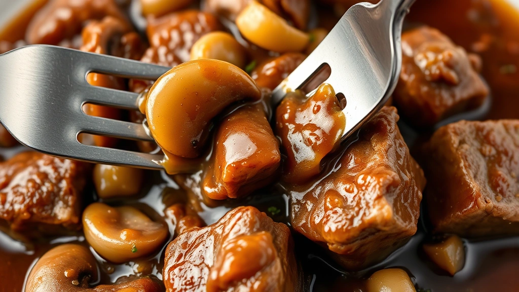 detail: close-up of tender cube steak with mushrooms, onions, and thick savory gravy, fork breaking through tender meat, photorealistic, warm overhead lighting, no text