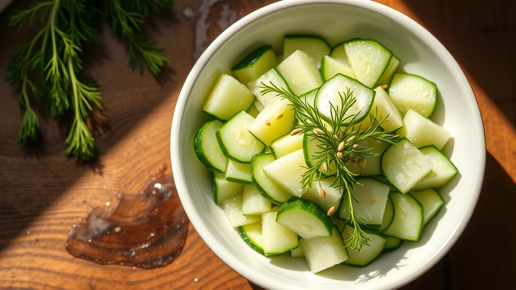 hero: overhead shot of beautiful cucumber and vinegar salad in a white ceramic bowl, garnished with fresh dill and sesame seeds, natural sunlight streaming across the wooden table, condensation on the bowl, photorealistic, no text or watermarks