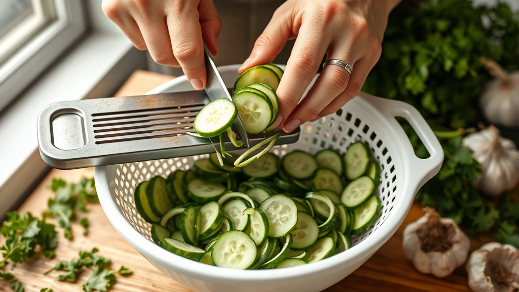 process: hands slicing cucumbers on a mandoline with thin, even slices falling into a white colander, fresh herbs and garlic nearby, natural kitchen window light, photorealistic, no text or watermarks