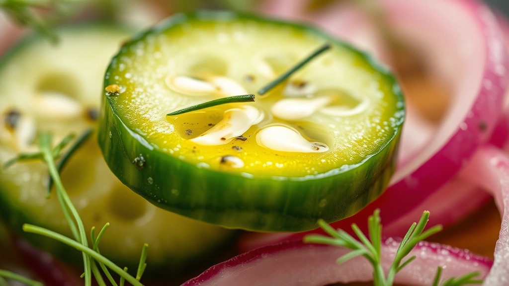 detail: close-up macro shot of single cucumber slice with vinegar dressing glistening, fresh dill fronds and red onion visible, shallow depth of field, professional food photography style, photorealistic, no text or watermarks