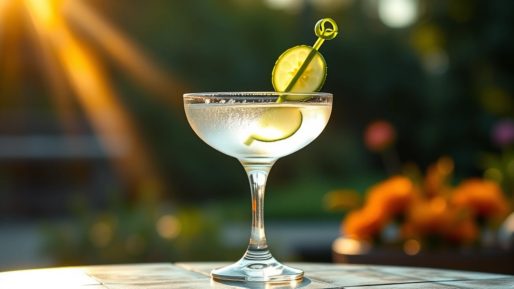 hero: perfectly crafted cucumber martini in a chilled coupe glass with a thin cucumber ribbon garnish, golden hour lighting streaming through the glass, condensation on the exterior, blurred garden background, photorealistic, natural light, no text