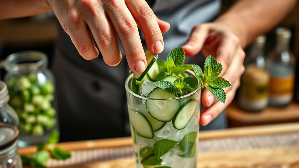 process: bartender muddling fresh cucumber and mint leaves in a cocktail shaker with ice, hands visible, action shot showing the gentle pressing technique, bright kitchen lighting, photorealistic, natural light, no text
