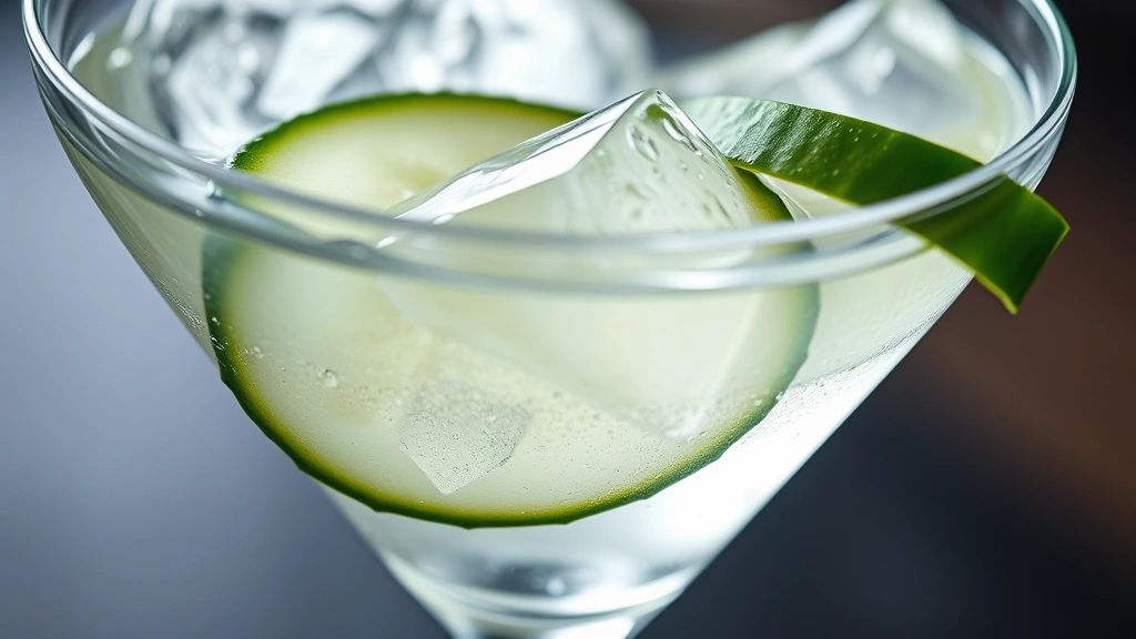 detail: extreme close-up of the cucumber martini showing the clarity and translucence of the cocktail, cucumber garnish in sharp focus, ice visible inside the glass, droplets of condensation, photorealistic, natural light, no text