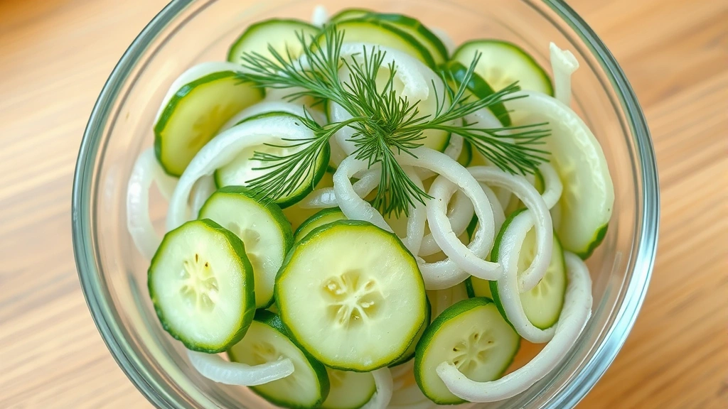 hero: beautiful fresh cucumber onion salad in a clear glass bowl, glistening with dressing, featuring translucent cucumber slices and pale onion rings, garnished with fresh dill, photographed from above with natural window light, crisp and refreshing appearance, no text or branding