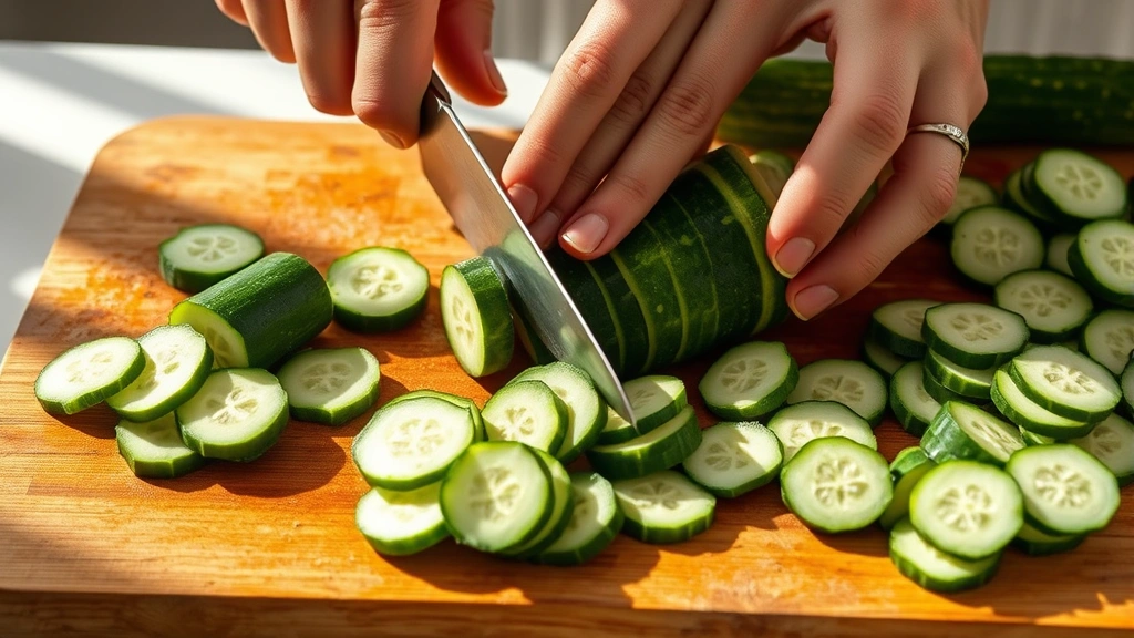 process: hands slicing cucumbers with a sharp knife on a wooden cutting board, thin uniform slices of english cucumber, natural daylight streaming across the work surface, demonstrating proper slicing technique, no text or branding