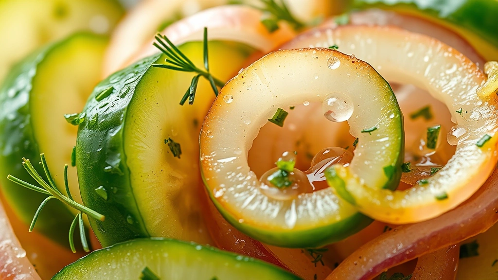 detail: extreme close-up of individual cucumber and onion slices glistening with vinegar dressing, fresh dill garnish visible, water droplets on vegetables, bright and crisp, shot with shallow depth of field, no text or branding