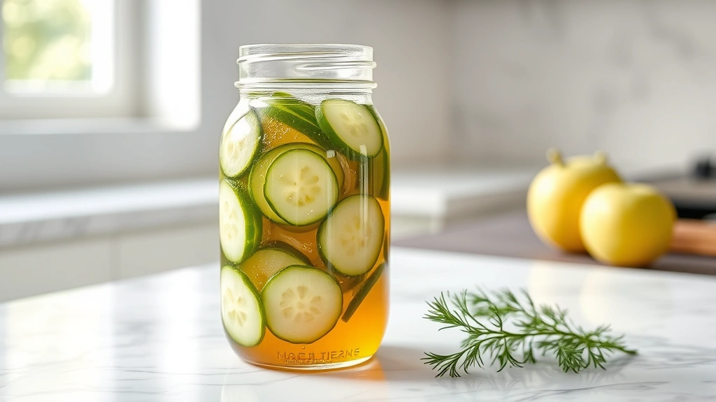 hero: glass jar filled with homemade cucumber onion vinegar, sliced cucumbers and onions visible in golden vinegar, fresh dill sprigs, sitting on white marble counter with natural window light, soft shadows, no text
