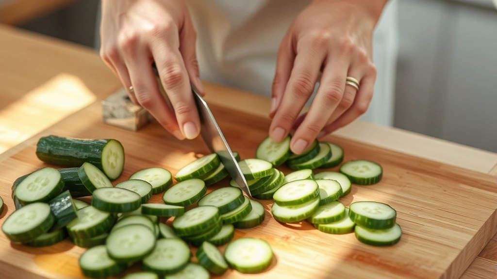process: hands slicing fresh cucumbers on wooden cutting board, thin uniform slices, natural daylight streaming across counter, sharp knife, wooden cutting board, no text
