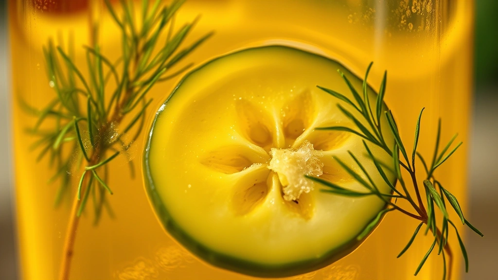 detail: close-up macro shot of golden vinegar with submerged cucumber slice and onion ring, fresh dill visible, bokeh background, golden hour lighting, no text